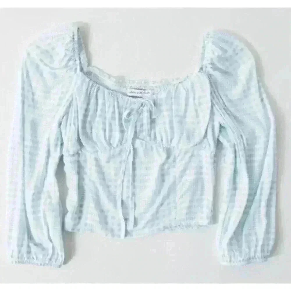 Urban Outfitters Blue Gingham Crop Top ruched square neck XS y2k Blouse Shirt